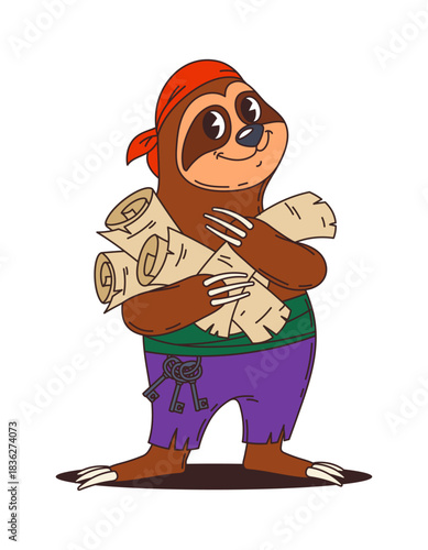 Sloth pirate or corsair cartoon animal character of Caribbean sailors crew, vector personage. Sloth in seaman bandana with treasure island maps and vault keys as Caribbean corsair animal character