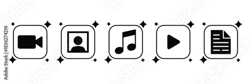 AI icon set with buttons for generating image, video, audio, and text using artificial intelligence, designed as a clean vector illustration