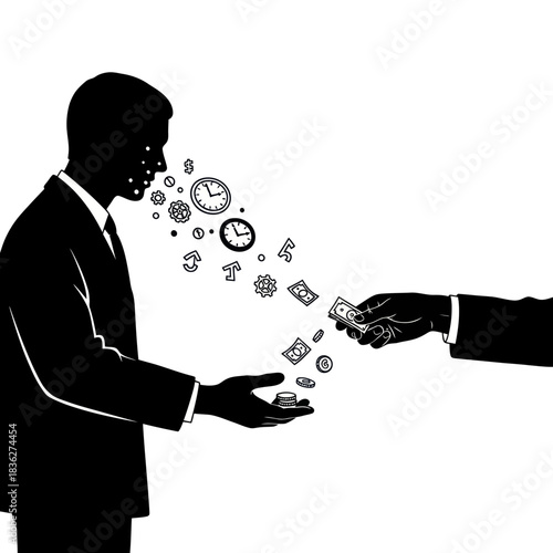 Businessman exchanging time for money in a conceptual illustration.
