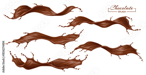 Chocolate drink flow splash and waves set. Realistic 3d vector isolated cocoa dessert swirl drink or flow stream with splatters. Brown coffee streams with drops, liquid splashing with droplets scatter