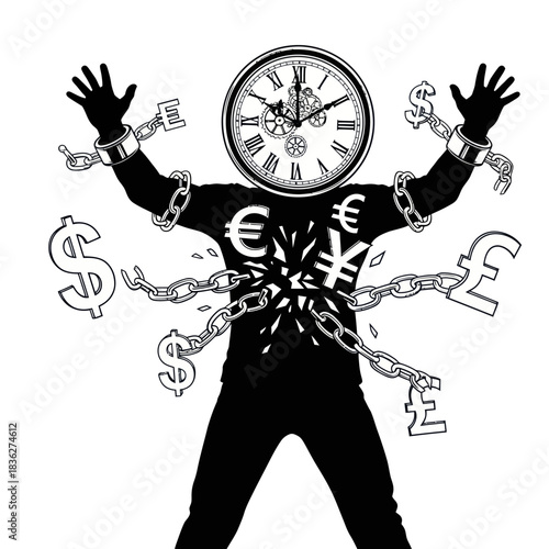 Symbolic illustration of a person trapped and enslaved by time and money.