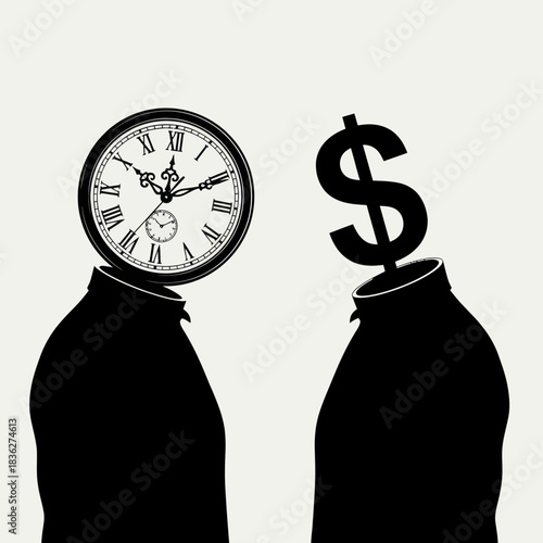 Man with clock for head and man with dollar sign for head facing each other.