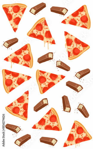 Wrapping paper pattern of slices of pizza and chocolate Wafer bars
