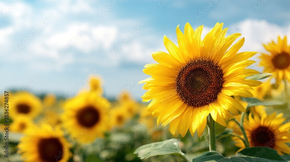 Fototapeta premium A vibrant sunflower field with a clear blue sky and fluffy white clouds in the background.