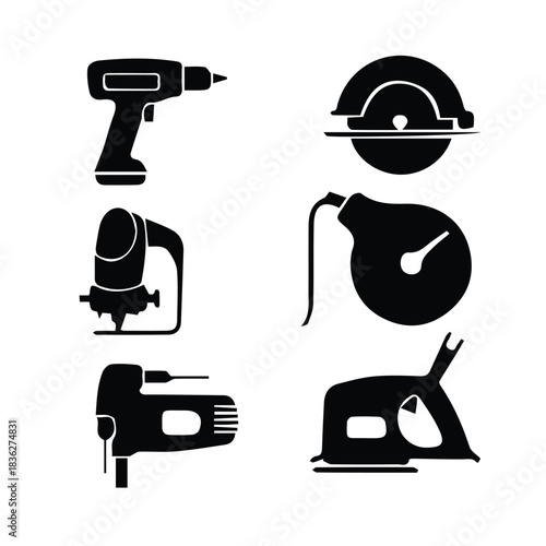 Collection of six distinct power tool silhouettes on a white background silhouette