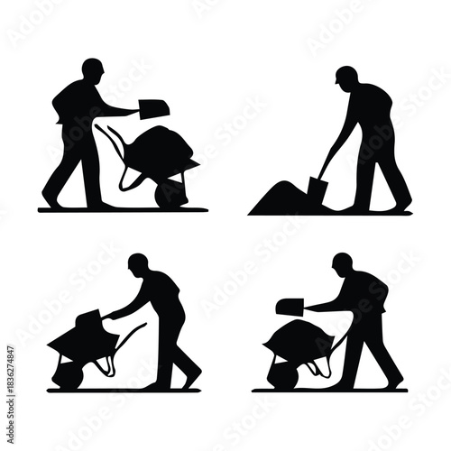 Four silhouettes of construction workers operating wheelbarrows and shovels silhouette