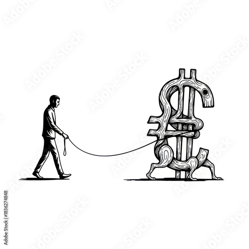 A man walking a financial beast made of currency symbols.