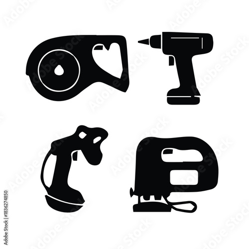 Collection of four black power tool silhouettes on a white background silhouette