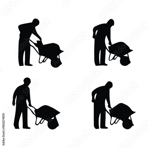 Four silhouette illustrations of a person pushing a wheelbarrow silhouette