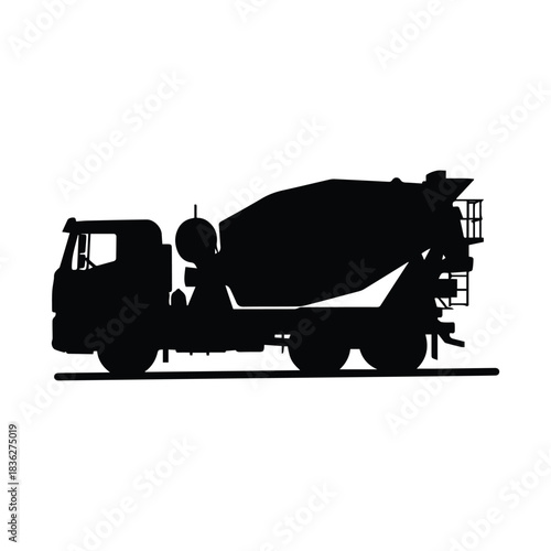 Industrial concrete mixer truck in a stark black silhouette on a white background