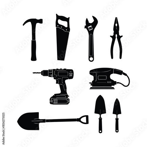 Collection of common construction and diy tools as a black silhouette