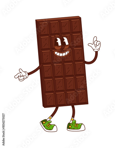 Cartoon groovy chocolate bar character or funny sweet dessert, vector personage. Groovy chocolate bar with funny face and funky smile as milk or dark chocolate and choco candy groovy character