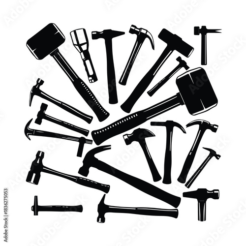 Collection of various hammer silhouettes on a white background silhouette
