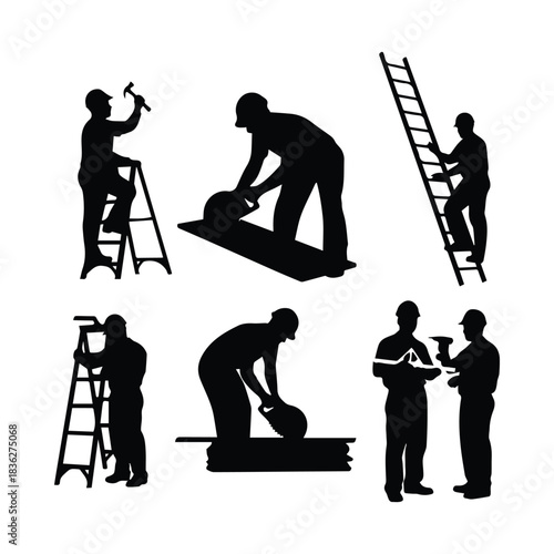 Collection of construction worker silhouettes performing various tasks silhouette