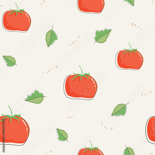 A charming and fresh seamless vector pattern featuring hand-drawn tomatoes and leaves. Perfect for kitchenware, food packaging, menu backgrounds, fabric, garden-themed designs, and scrap booking