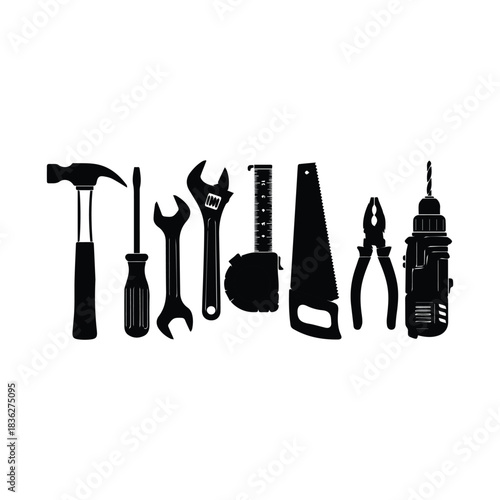 Collection of common hand tools and power drill in silhouette