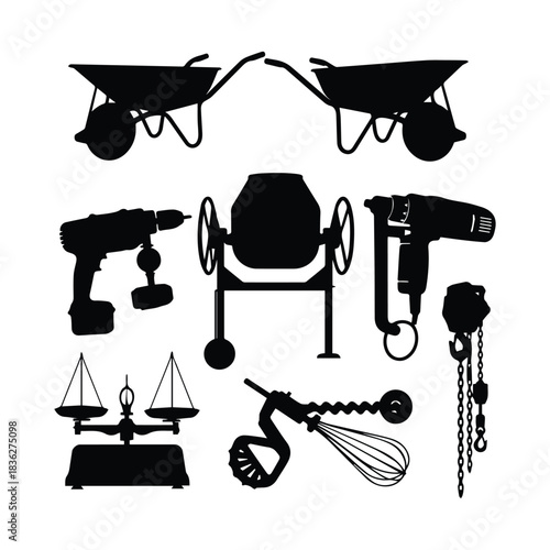 Collection of construction and diy tools in silhouette style