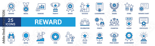 Reward icon set. Containing award, prize, medal, gift, trophy, badge, points, achievement, certificate and more. Blue vector icons collection.
