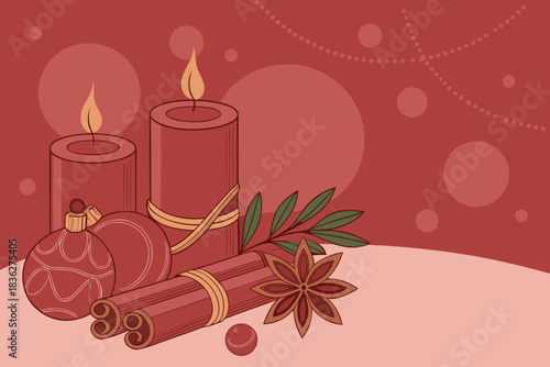 Fourth Advent candle arrangement, two flames glowing beside Christmas bauble, cozy seasonal decoration for holiday-themed designs.