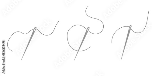 Elegant needle with thread. Needle symbol and curved thread, tailor and shoemaker needlework tool, sewing element. Small tattoo, print for clothes