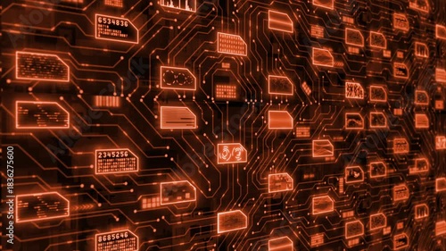 Orange color complex data transfer binary code big data hi tech matrix design black technology background