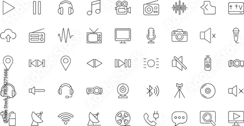 Comprehensive multimedia and communication line icon set featuring audio controls, video tools, broadcasting devices, headphones, microphones, cameras, connectivity symbols, 