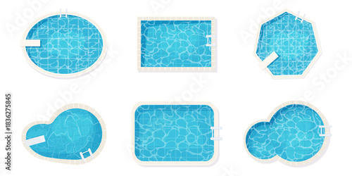 Swimming pool bottom top view with blue water waves texture set. Summer aqua surface with ripples. Collection Spa pool geometrical shapes game texture