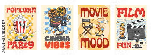 Hippie groovy movie characters on retro 70s posters for cinema theater, cartoon vector set. Retro posters with funny groovy movie characters of cinema camera, clapperboard and popcorn with funky face