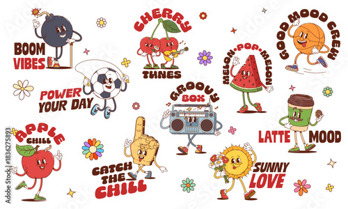 Retro Y2K groovy stickers with cartoon funky characters and funny emoji, vector set. Groovy stickers with freaky basketball ball and thumb up emoticon, silly coffee cup with donut and good vibes quote