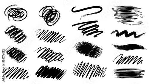 Collection of freehand brush stroke, scribble, and line art elements for design projects
