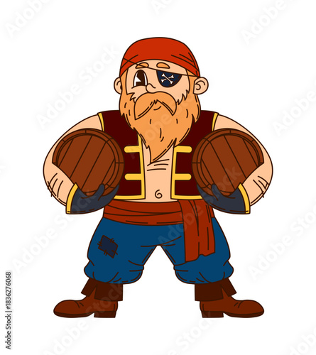 Retro cartoon groovy European pirate and corsair character with bandana and an eye patch, carrying wooden barrels. Isolated vector bearded sea sailor personage exudes swashbuckling y2k adventurer vibe