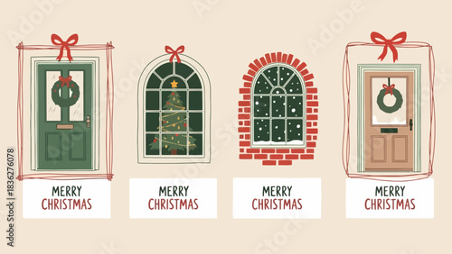 Festive Christmas Doors and Windows Decorated for the Holidays with Wreaths and Lights