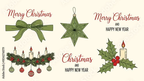Hand-drawn Christmas holiday decoration illustrations featuring festive bows, star ornaments, glowing candles, garlands, and holly, perfect for seasonal greetings design projects