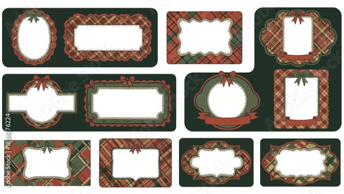 Festive Frames and Labels Set Tartan Patterns for Holiday Designs and Decorations