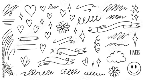 Set of Hand-Drawn Doodles Hearts, Ribbons, and Sparkles for Creative Designs