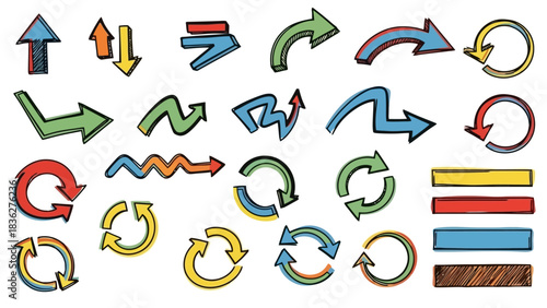 Collection of colorful hand-drawn arrow icons with different shapes and designs, including circular and straight arrows, on a white background