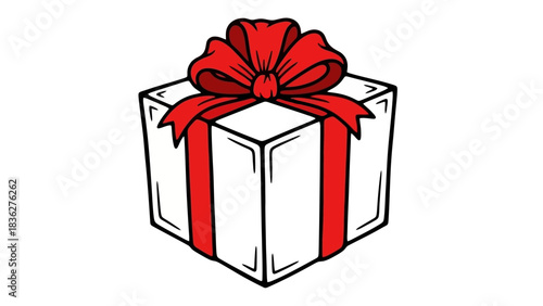 Hand-drawn illustration of a white gift box with a large red ribbon bow, symbolizing a surprise for a special celebration or holiday