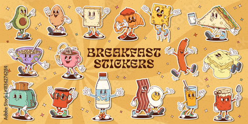 Retro cartoon groovy breakfast characters stickers pack. Vintage psychedelic food and drink personages. Funny groovy breakfast dishes, cheese toast, fried eggs and bacon, coffee, croissant, cereals