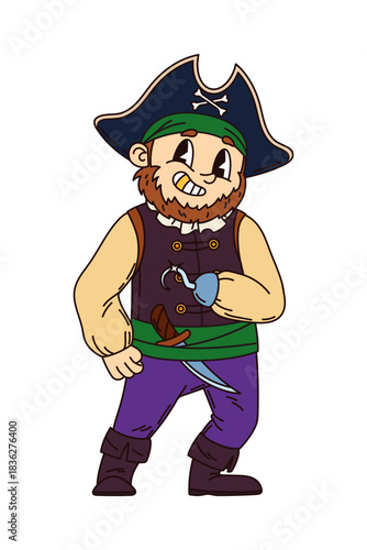 Cartoon funny groovy pirate and corsair character looking confident and fierce. Isolated vector fantasy rover personage hand hook and classic filibuster captain attire with a dagger tucked in his sash