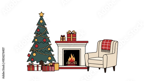 Festive Christmas living room scene with a decorated holiday tree, glowing fireplace, presents, and a cozy armchair, ideal for winter celebrations and heartwarming home decor