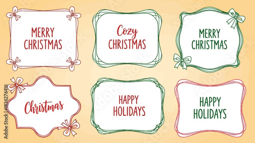 A charming collection of six hand-drawn decorative frames adorned with festive bows and various holiday greetings, perfect for seasonal cards and designs