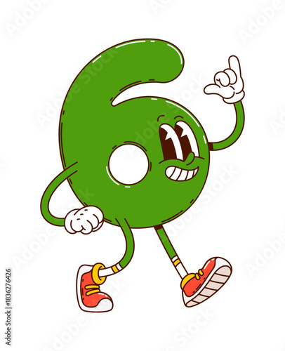 Cartoon groovy math number six character. Isolated vector cute and funny arithmetic figure, digit 6 school education personage with adorable and cheerful face, rounded shape, and vibrant green color
