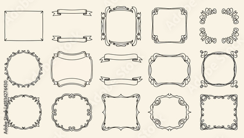 A collection of hand-drawn vintage frames, borders, and ribbon banners. An elegant design concept for invitations and labels