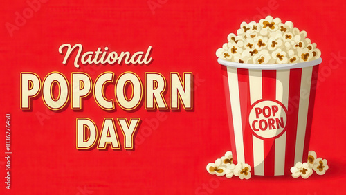 Celebrate national popcorn day with a tall tub of freshly popped kernels on red background