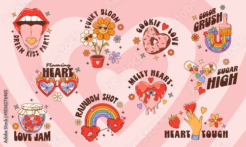 Love y2k groovy stickers set with psychedelic, retro hearts, sweets, rainbows, and funky quotes like sugar high, love jam and dream kiss party. Vector vintage hippie patches for Valentine holiday