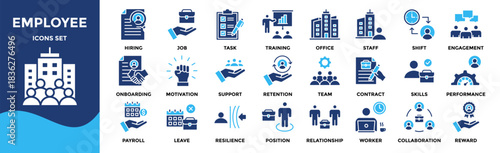 Employee icon set collection. an icon pack contain industry, worker, staff, team, job, hiring, office, task, shift, payroll, support, training, performance, contract, engagement