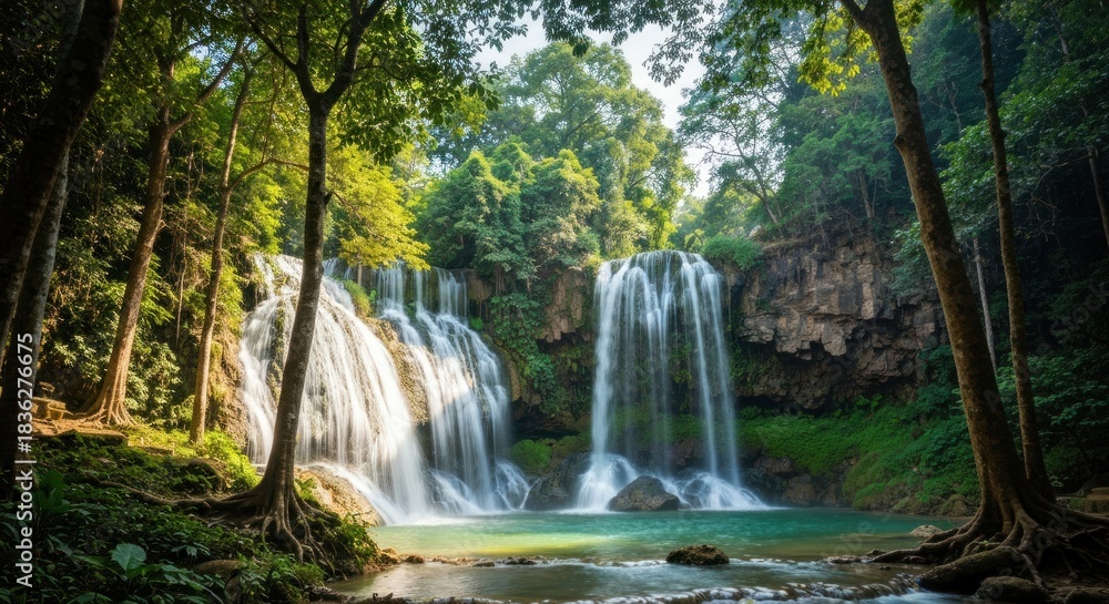 Fototapeta premium Majestic tiered waterfall cascades into a serene, turquoise pool below