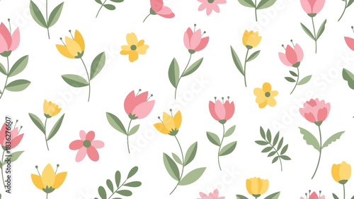 Seamless pattern of delicate pink and yellow spring flowers and green leaves on a white background, perfect for digital design and printing