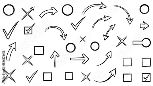 A diverse set of hand-drawn sketch elements including arrows, checkmarks, crosses, circles, and squares, ideal for illustrating concepts of choice and direction