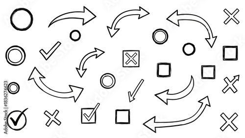 Hand-drawn graphic elements including arrows, circles, squares, checkmarks, and crosses. Ideal for visualizing strategy, process flow, and decision-making in diagrams